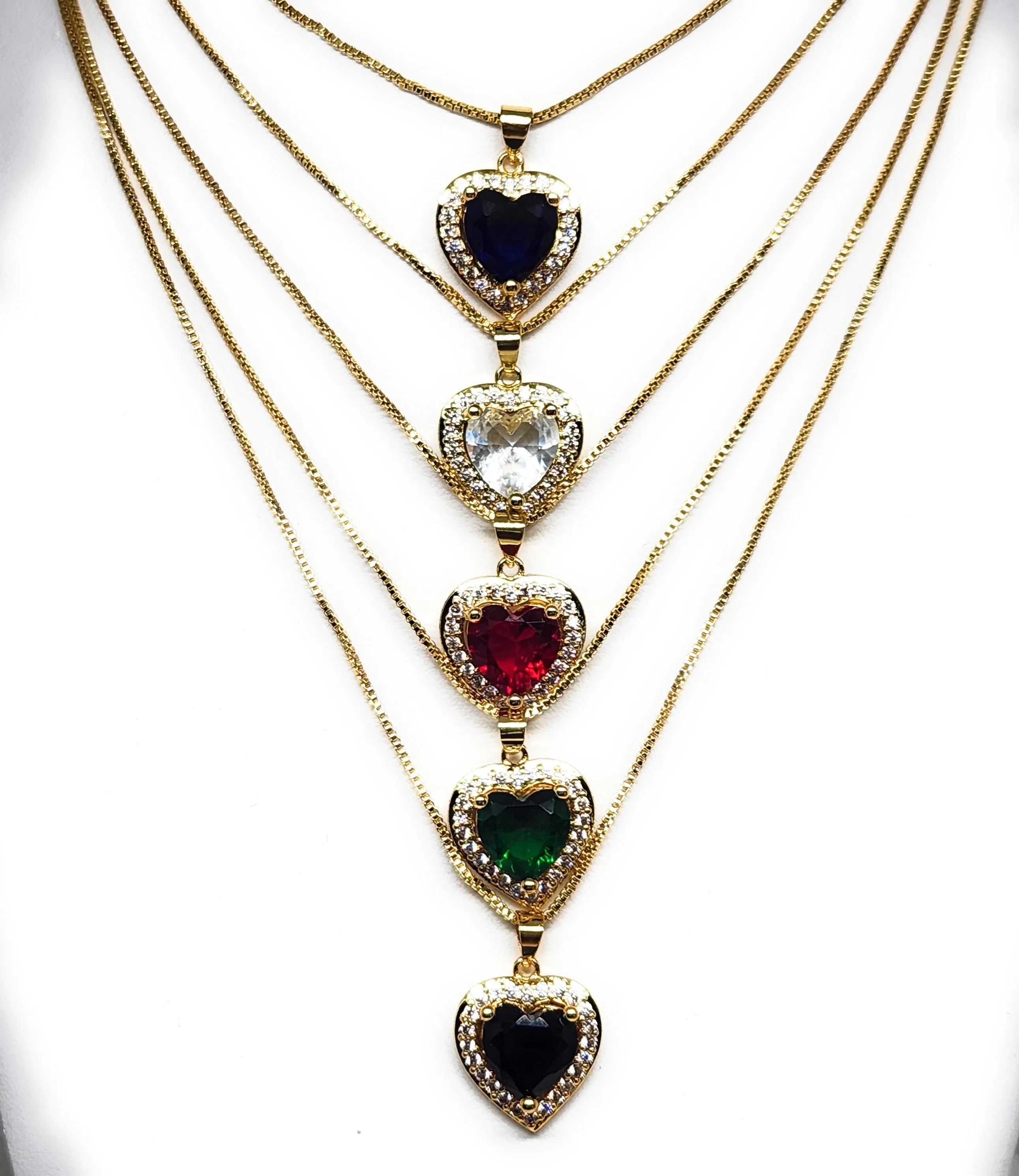 Gold Plated Layered Heart Cubic Zirconia Pendant Necklace Chain 18” (WHITE, RED, GREEN, BLACK, DARK BLUE)