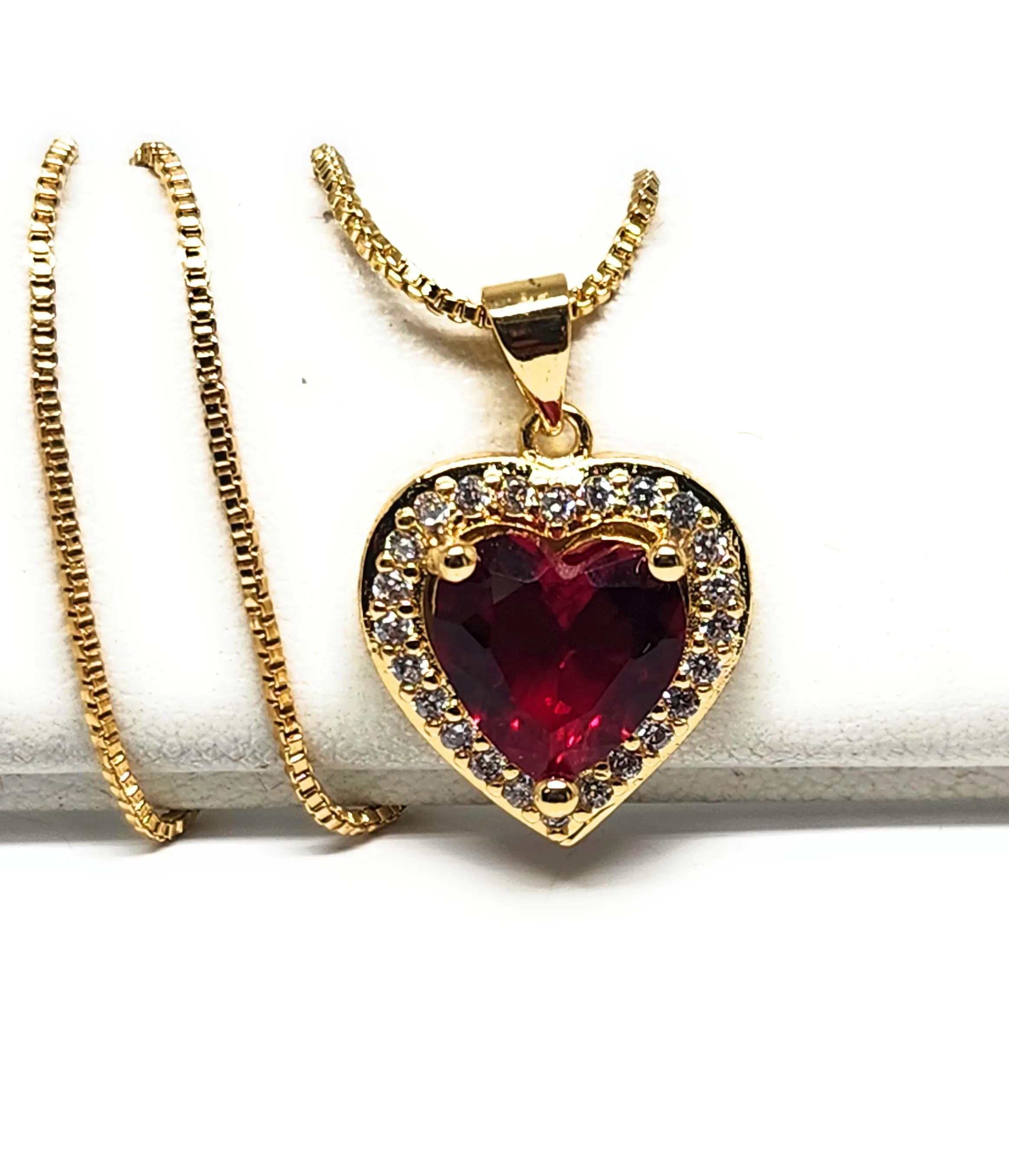 Gold Plated Layered Heart Cubic Zirconia Pendant Necklace Chain 18” (WHITE, RED, GREEN, BLACK, DARK BLUE)