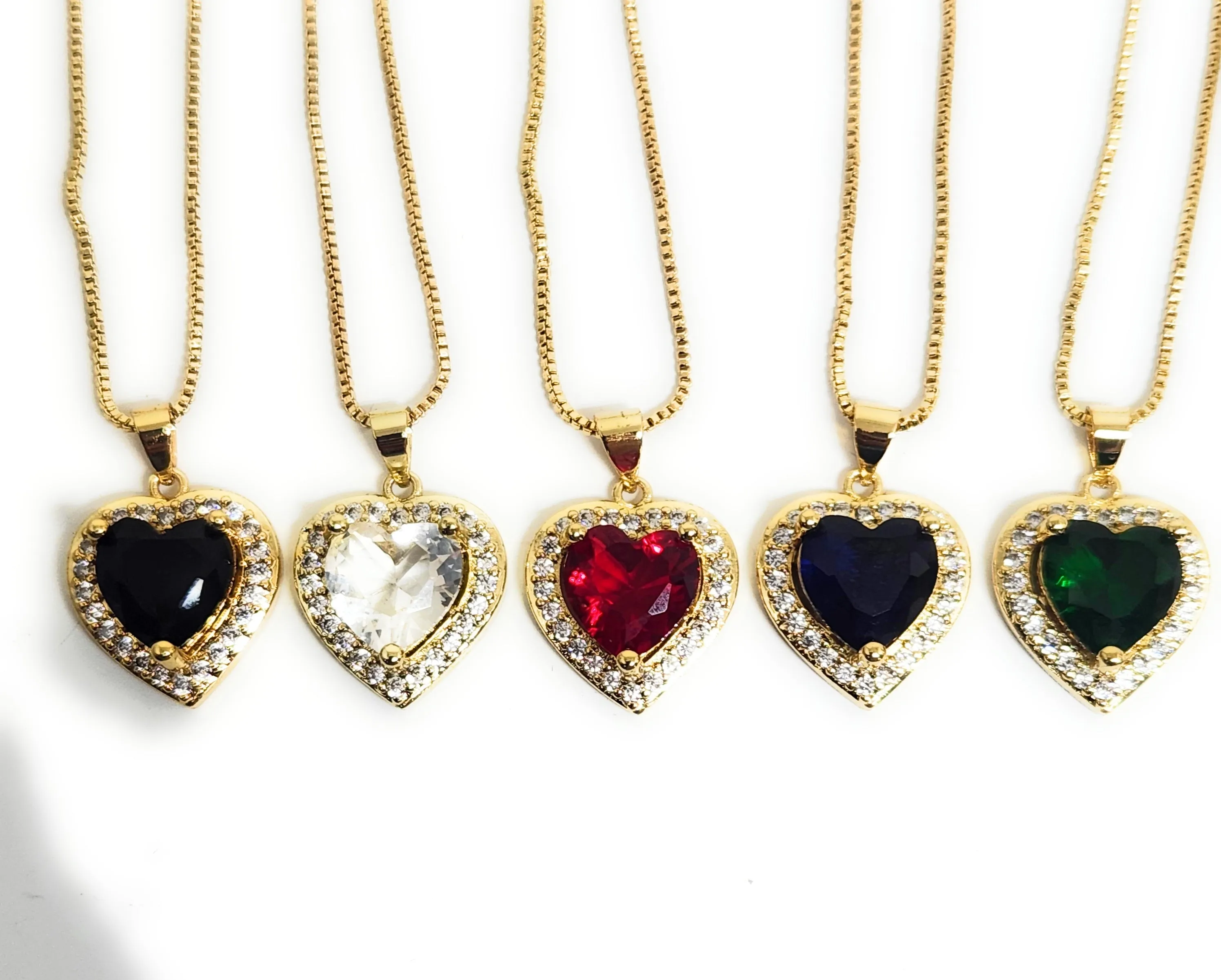 Gold Plated Layered Heart Cubic Zirconia Pendant Necklace Chain 18” (WHITE, RED, GREEN, BLACK, DARK BLUE)