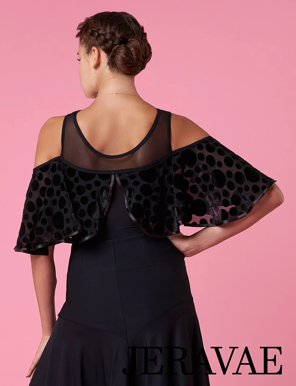 Grand Prix Cold Shoulder Black Bodysuit Practice Top with Chiffon Ruffles and Velvet Polka Dot Pattern PRA 1043 in Stock