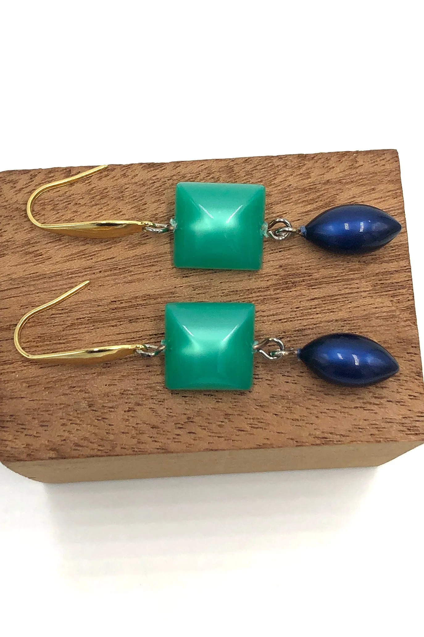 Green Square and Dark Blue Moonglow Statement Earrings