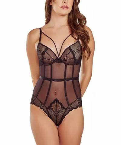 icollection Women's Grommets Lace and Mesh Lingerie Bodysuit with Scalloped Cheeky Back