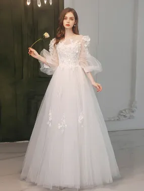 Illusion Princess 3/4 Sleeves White Tulle Formal Dress Maxi Prom Dress