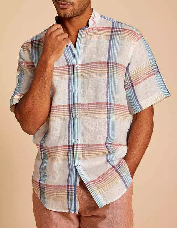 Inserch Premium Linen Oversize Plaid Short Sleeve Shirt SS7910-00056 White Multi