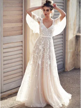 Ivory V-neck Lace Appliques Beach Wedding Dress, WD0453