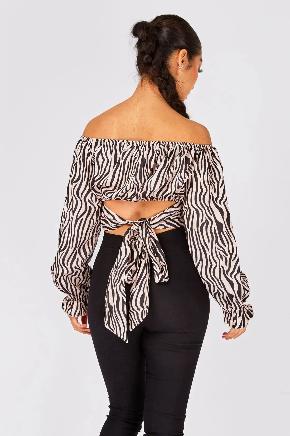 Ivory Tiger Print Tie Back Crop Top