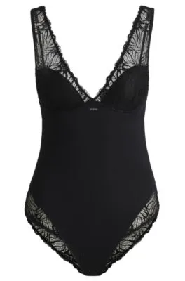 Lace-trim bodysuit with logo detail