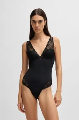 Lace-trim bodysuit with logo detail