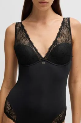 Lace-trim bodysuit with logo detail