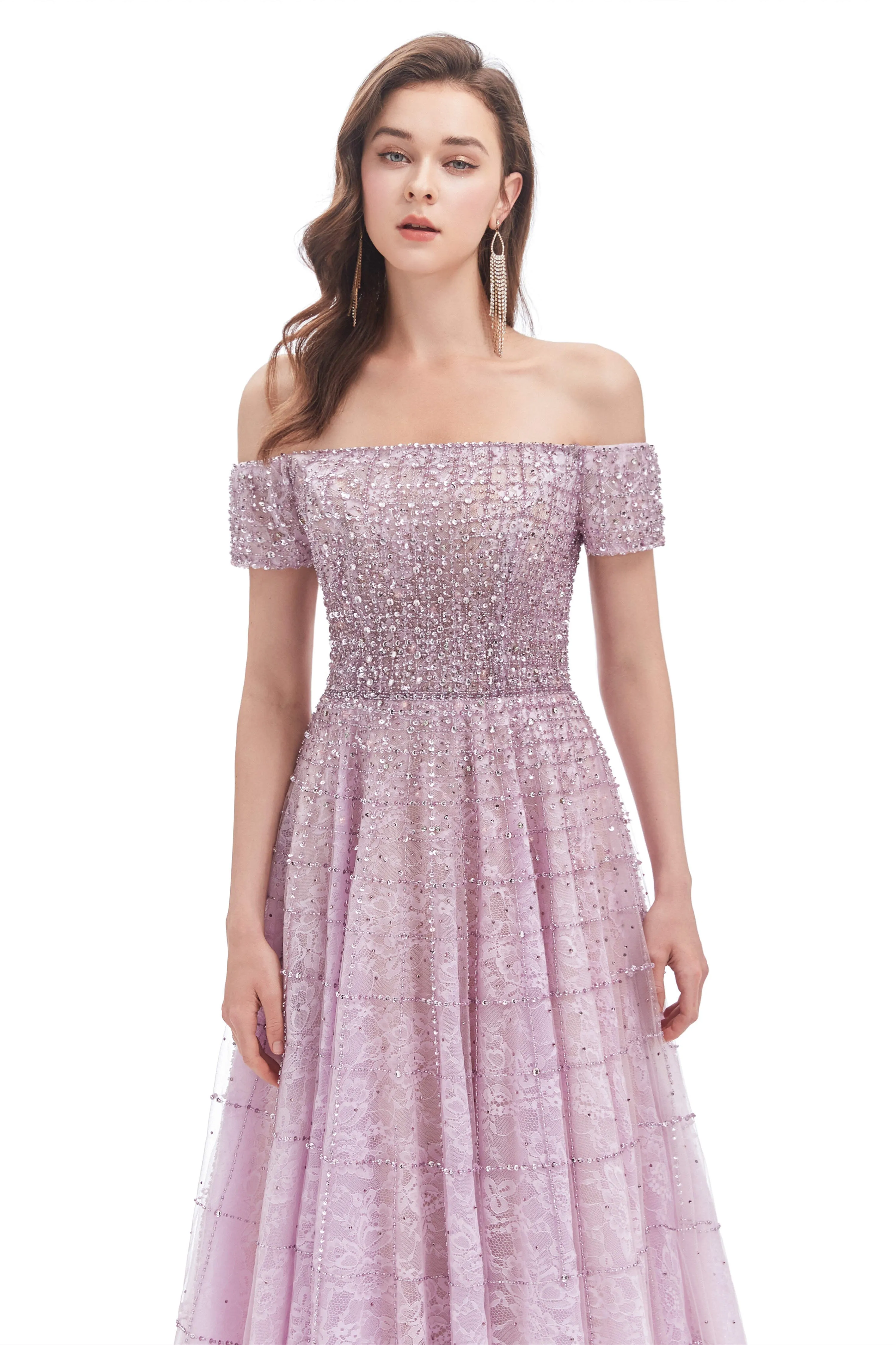 Lavender Lace Off the Shoulder Beaded Sequins Sweep-Train A-Line Prom Dresses