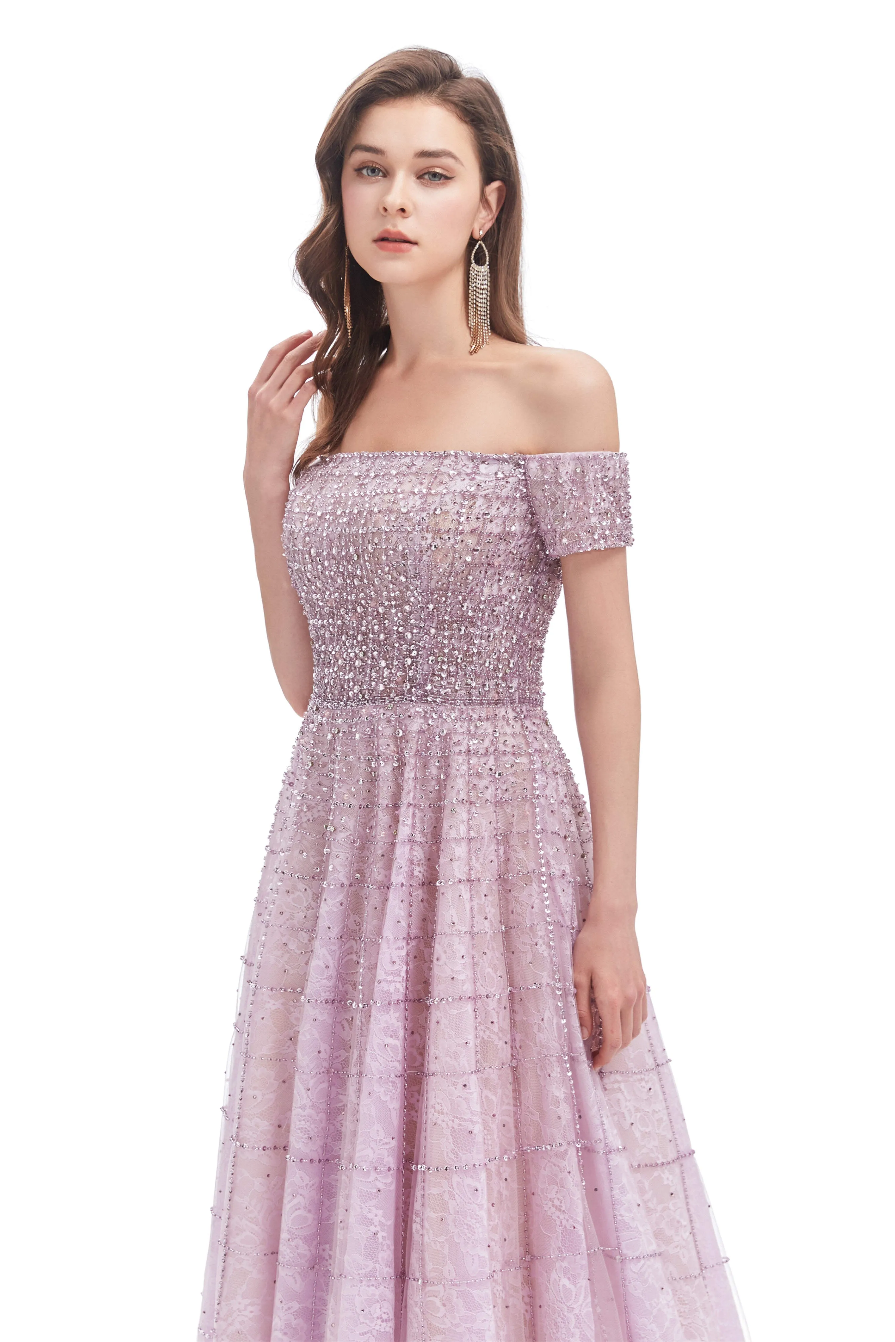 Lavender Lace Off the Shoulder Beaded Sequins Sweep-Train A-Line Prom Dresses