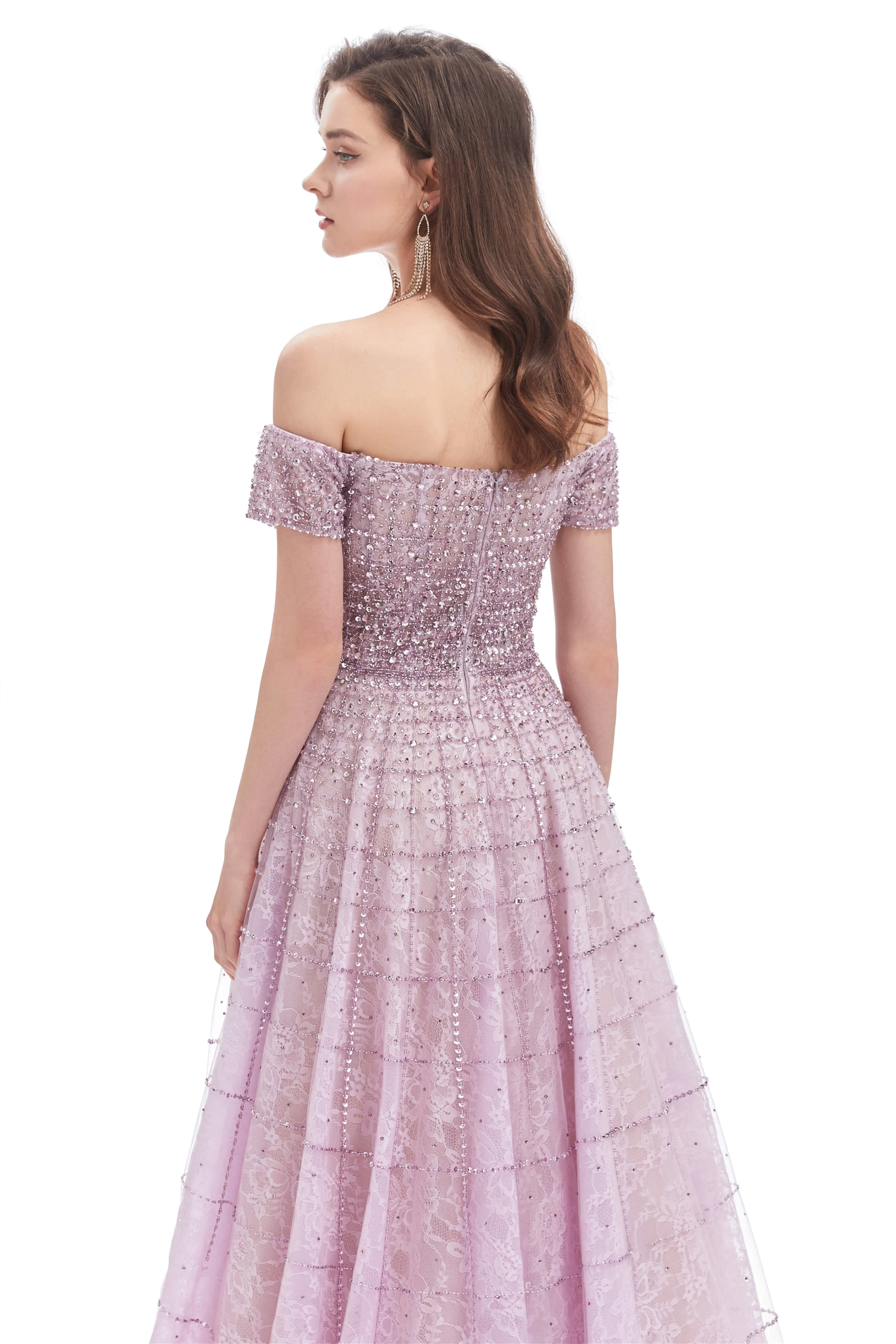 Lavender Lace Off the Shoulder Beaded Sequins Sweep-Train A-Line Prom Dresses