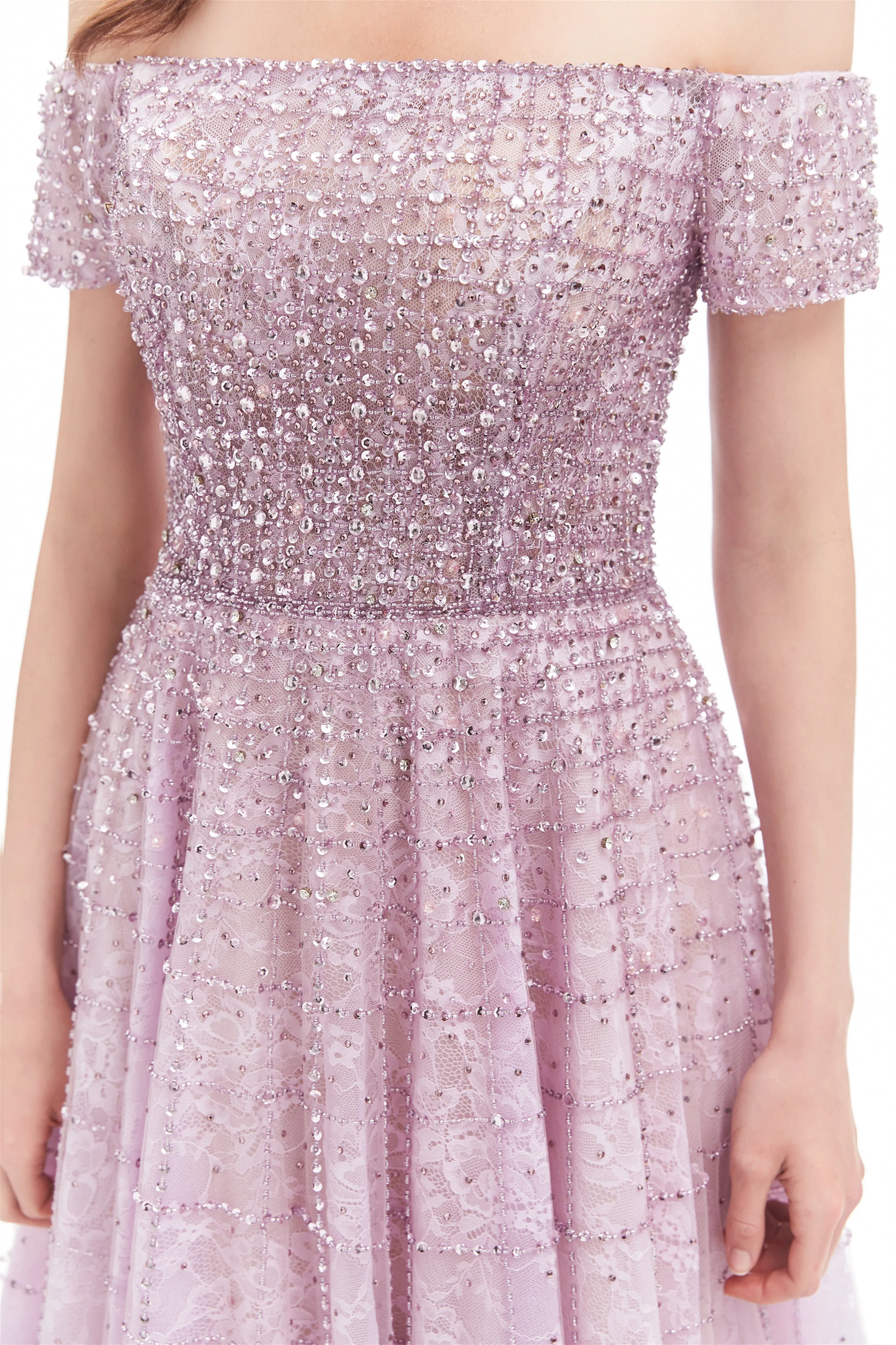 Lavender Lace Off the Shoulder Beaded Sequins Sweep-Train A-Line Prom Dresses