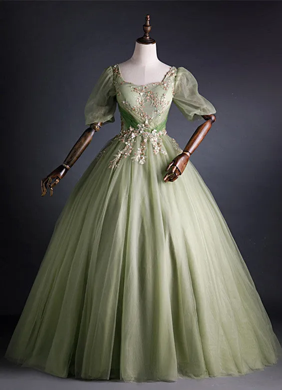 Light Green Tulle with Gold Lace Short Sleeves Formal Dress, Light Green Sweet 16 Gown