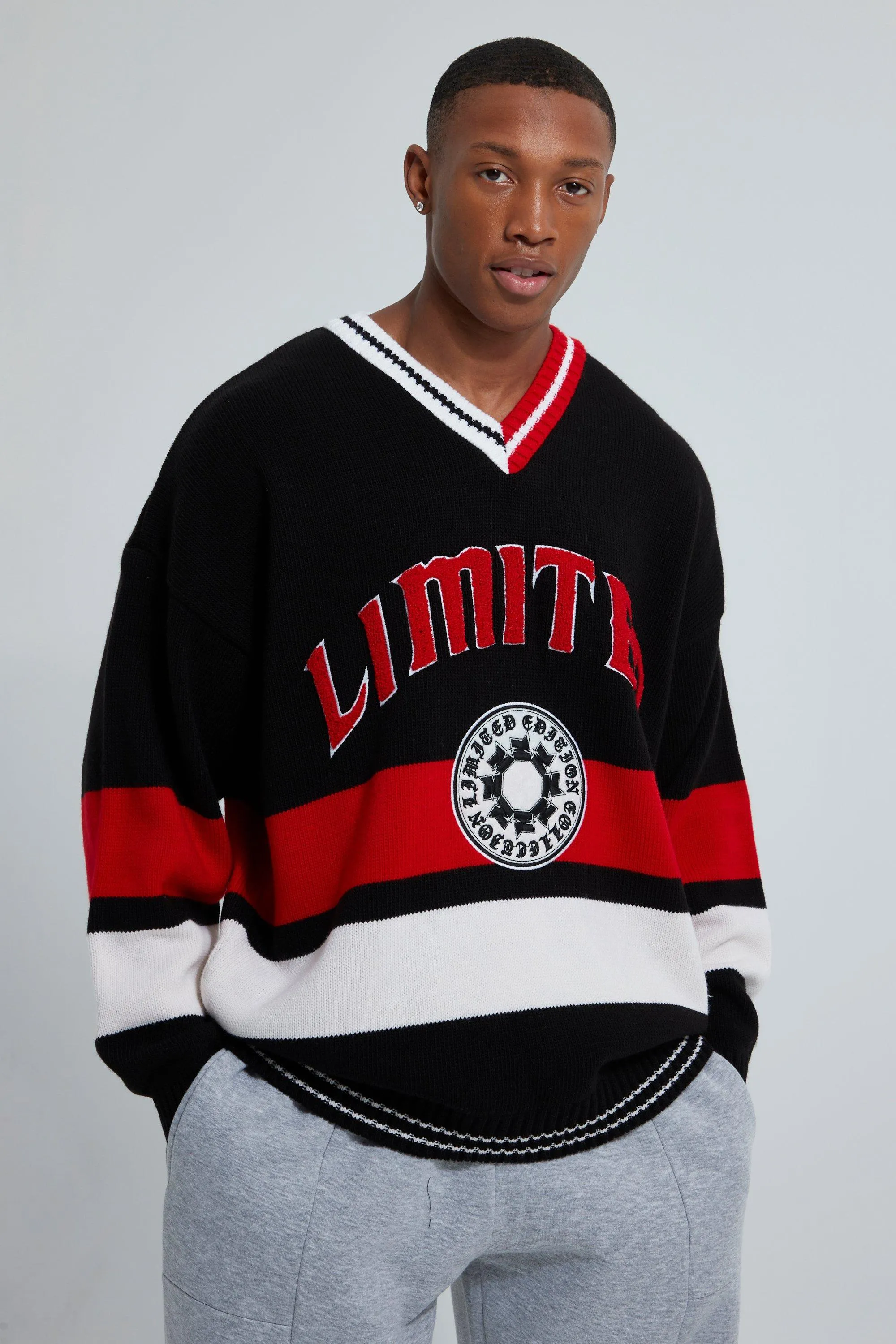 Limited V Neck Varsity Knitted Sweater