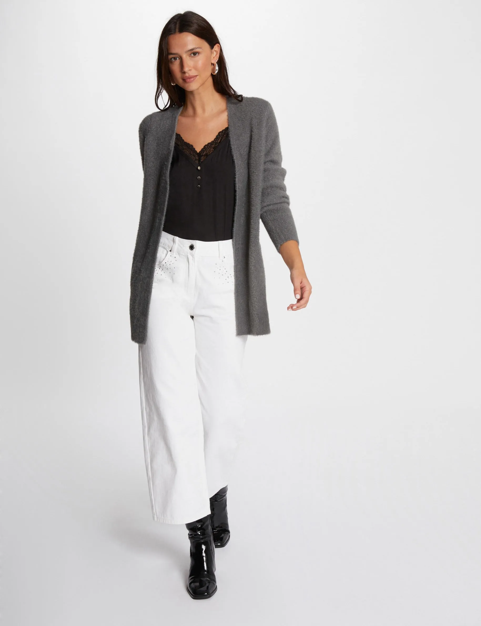 Long cardigan with fluffy knit mid-grey women