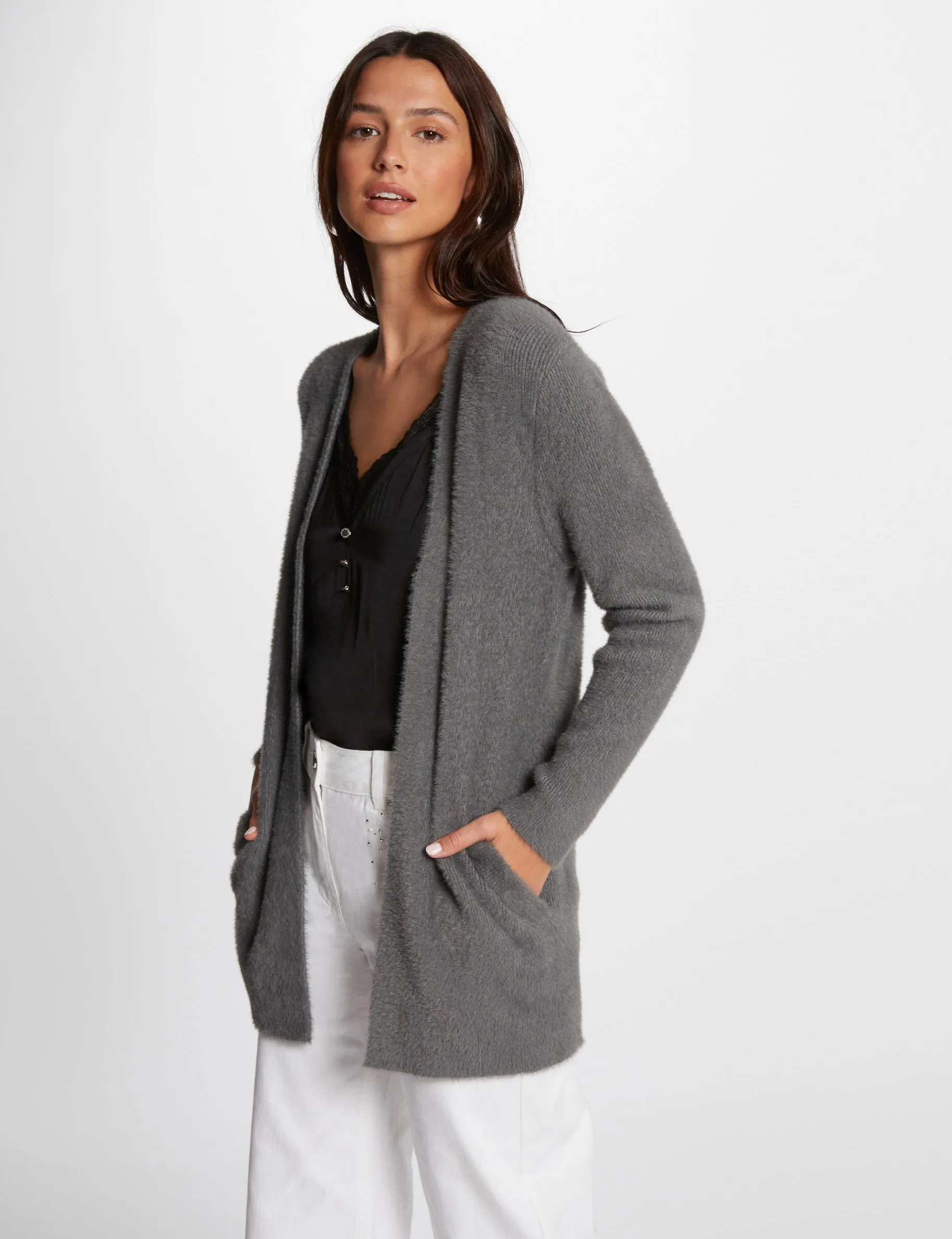 Long cardigan with fluffy knit mid-grey women