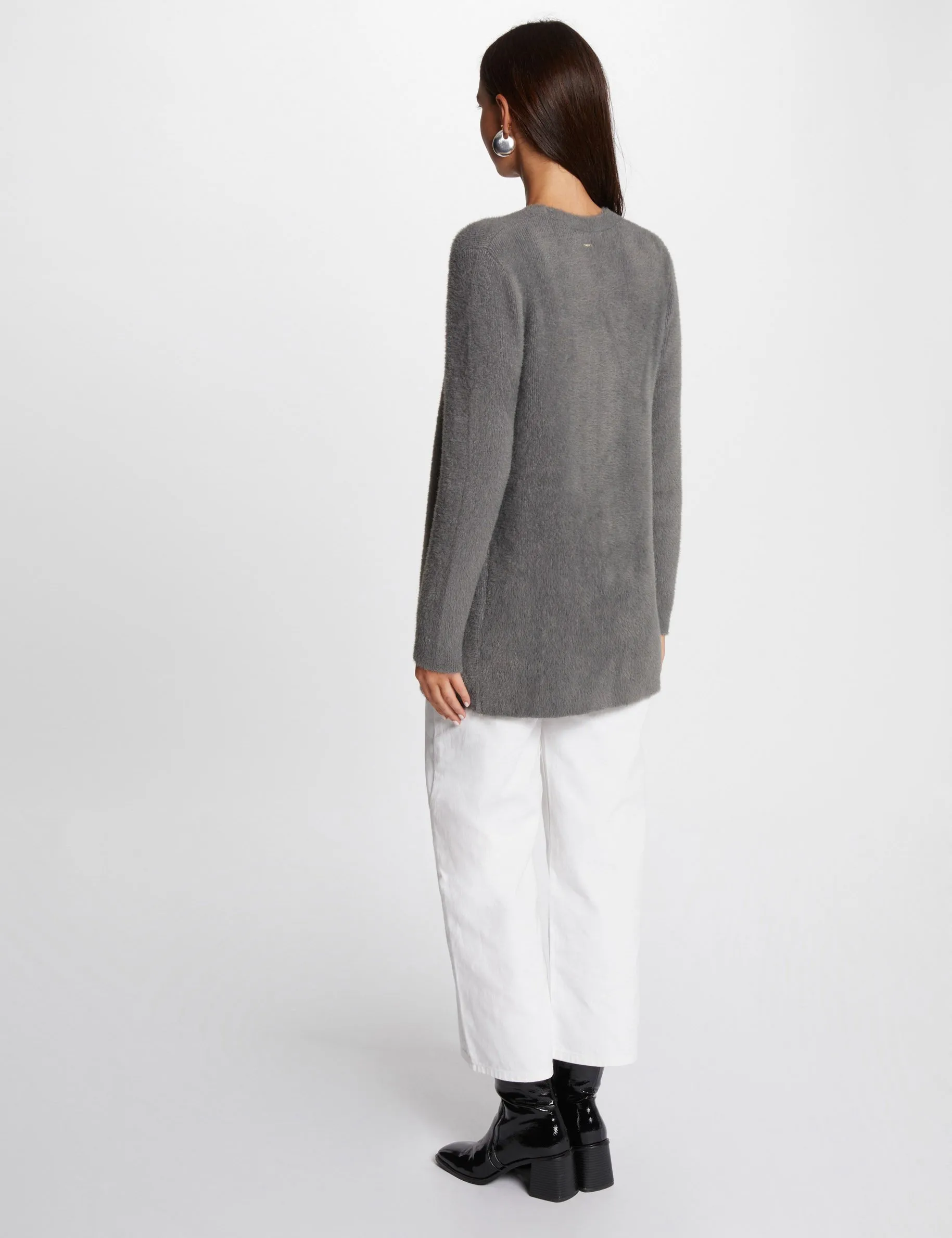 Long cardigan with fluffy knit mid-grey women