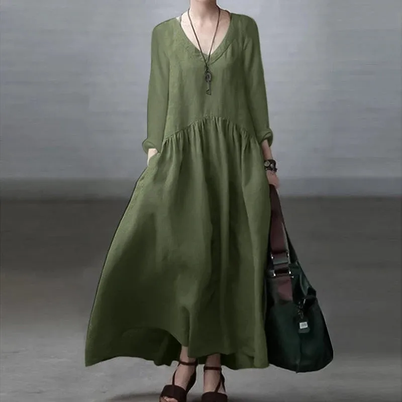 Long Sleeve V-Neck Length Sundress Solid Color Dress Pure Cotton