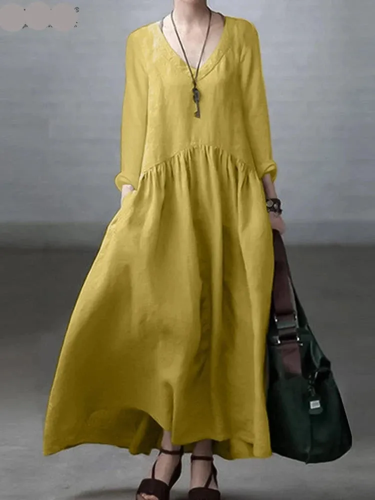 Long Sleeve V-Neck Length Sundress Solid Color Dress Pure Cotton