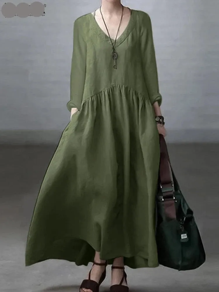 Long Sleeve V-Neck Length Sundress Solid Color Dress Pure Cotton