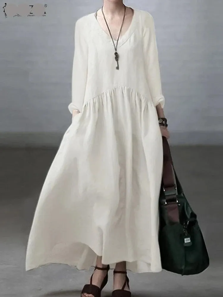 Long Sleeve V-Neck Length Sundress Solid Color Dress Pure Cotton