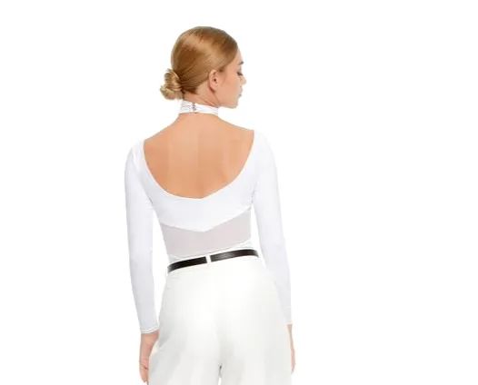 Long Sleeve White Bodysuit Top with Grecian Neckline and Mesh Insert on Back PRA 689_sale