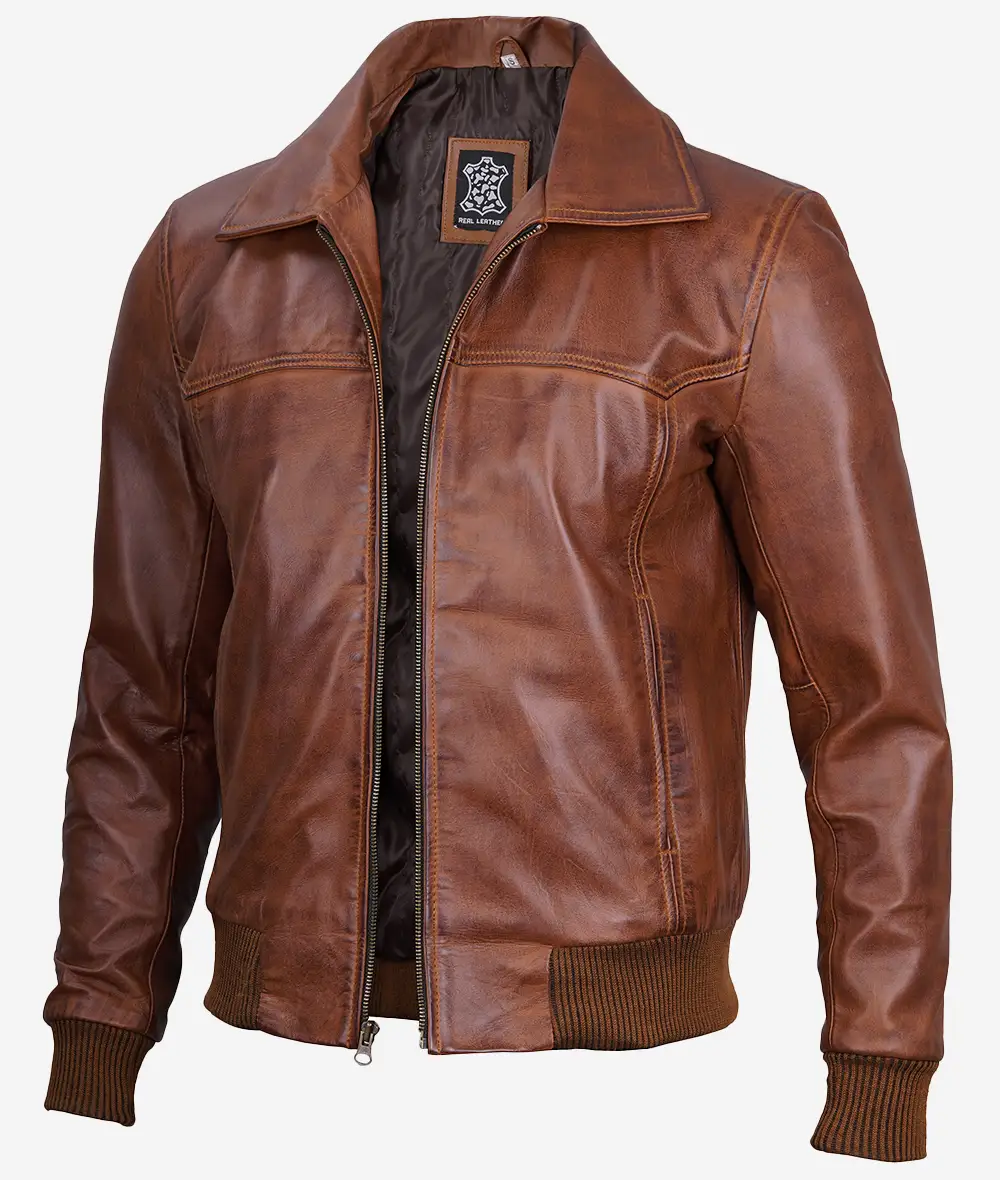 Men's Brown Shirt Collar Leather Bomber Jacket