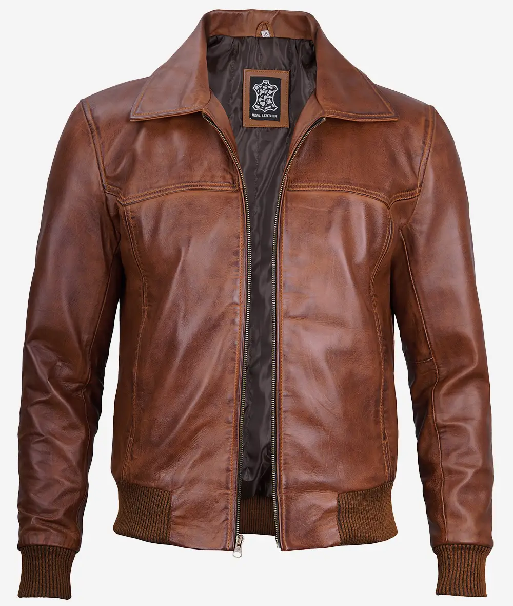 Men's Brown Shirt Collar Leather Bomber Jacket