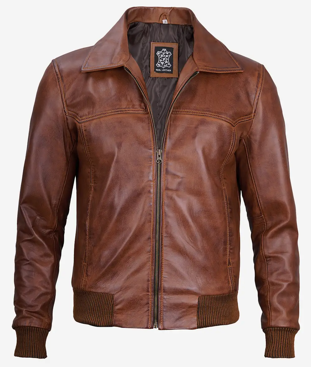 Men's Brown Shirt Collar Leather Bomber Jacket