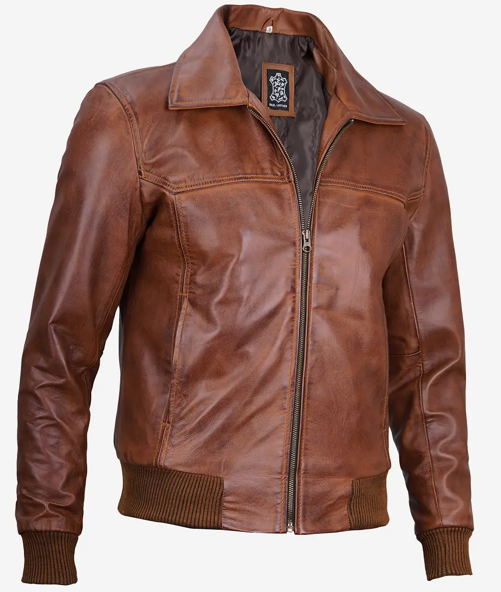 Men's Brown Shirt Collar Leather Bomber Jacket