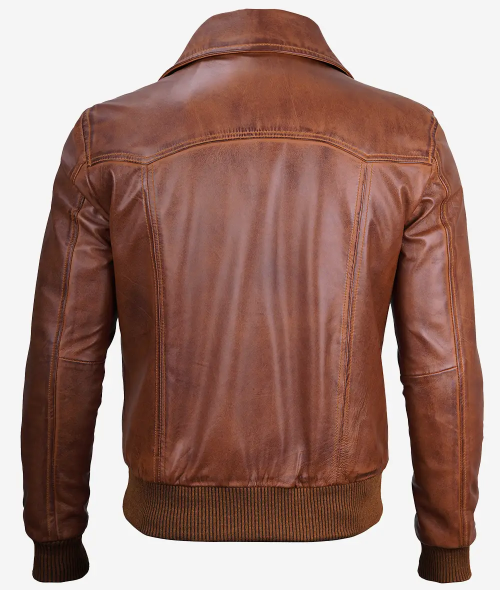 Men's Brown Shirt Collar Leather Bomber Jacket