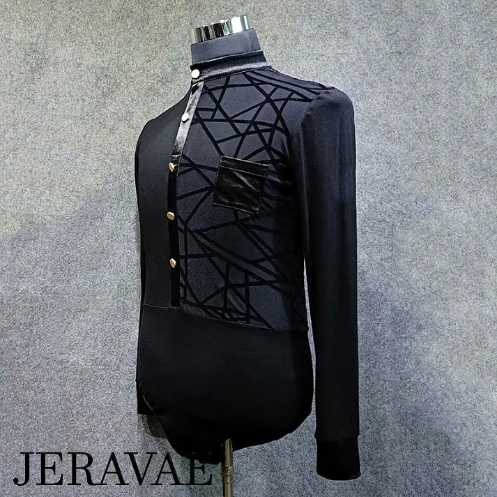 Men's Black Bodysuit with Mandarin Collar, Gold Buttons, and Mesh on Side and Back with Velvet Geometric Pattern M065 in Stock