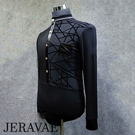 Men's Black Bodysuit with Mandarin Collar, Gold Buttons, and Mesh on Side and Back with Velvet Geometric Pattern M065 in Stock