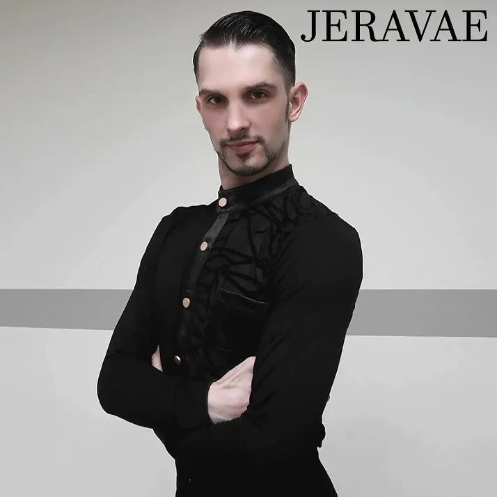 Men's Black Bodysuit with Mandarin Collar, Gold Buttons, and Mesh on Side and Back with Velvet Geometric Pattern M065 in Stock