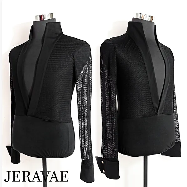 Men's Black Long Sleeve Latin or Rhythm Open Top with Deep V-Neck Bodysuit Tuck In Style Shirt M058 in Stock