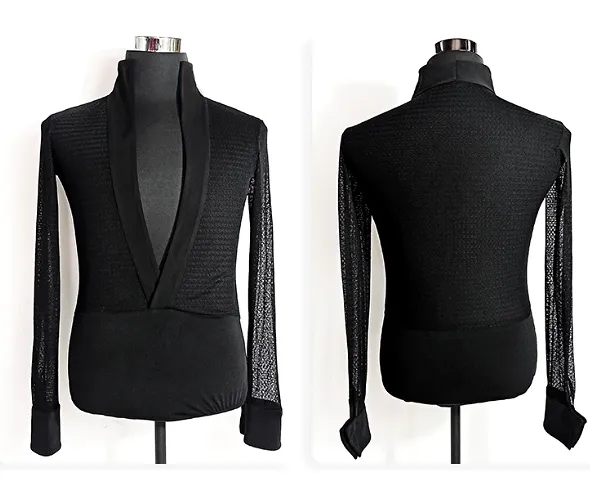 Men's Black Long Sleeve Latin or Rhythm Open Top with Deep V-Neck Bodysuit Tuck In Style Shirt M058 in Stock