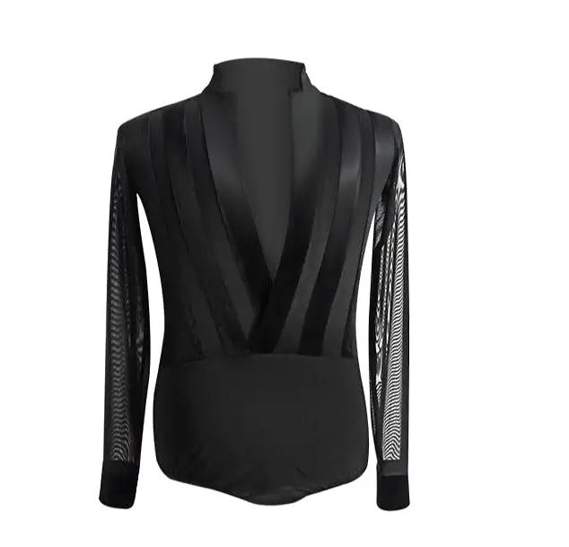 Men's Black Long Sleeve Mesh and Velvet Latin or Rhythm Open Top with Deep V-Neck Bodysuit/Tuck in Style Shirt M071 in Stock