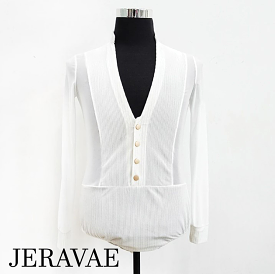 Men's Deep V-Neck White Stretch Mesh and Velvet Corduroy Bodysuit with Mandarin Collar and Gold Buttons M063 in Stock