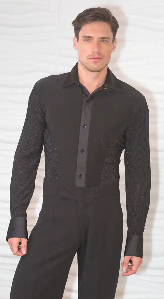 Men's Lurex Sleeve and Side Ballroom Shirt with Built-in Bodysuit/Trunks MS1