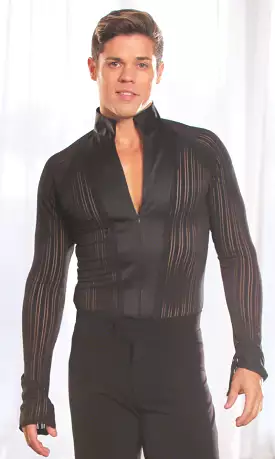 Men's Mandarin Collared Latin Shirt with Zipper Closure and Built-in Bodysuit/Trunks MS7