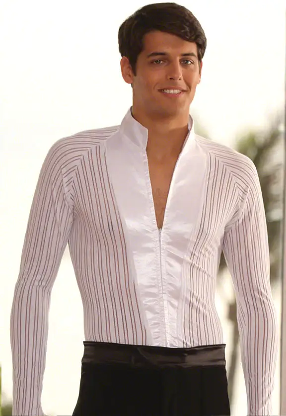 Men's Mandarin Collared Latin Shirt with Zipper Closure and Built-in Bodysuit/Trunks MS7