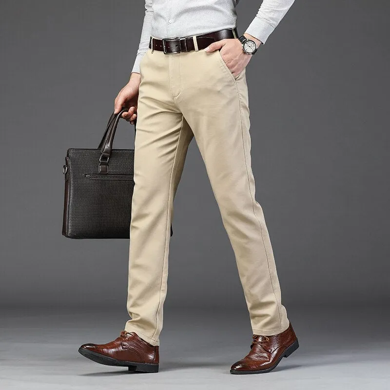 Men's Solid Anti Wrinkle Straight Mid Waist Business Formal Casual Pants