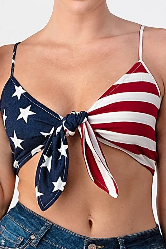 Miss USA American Flag Print Tie Front Crop Top