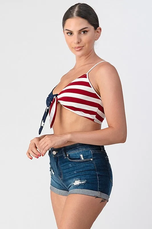 Miss USA American Flag Print Tie Front Crop Top