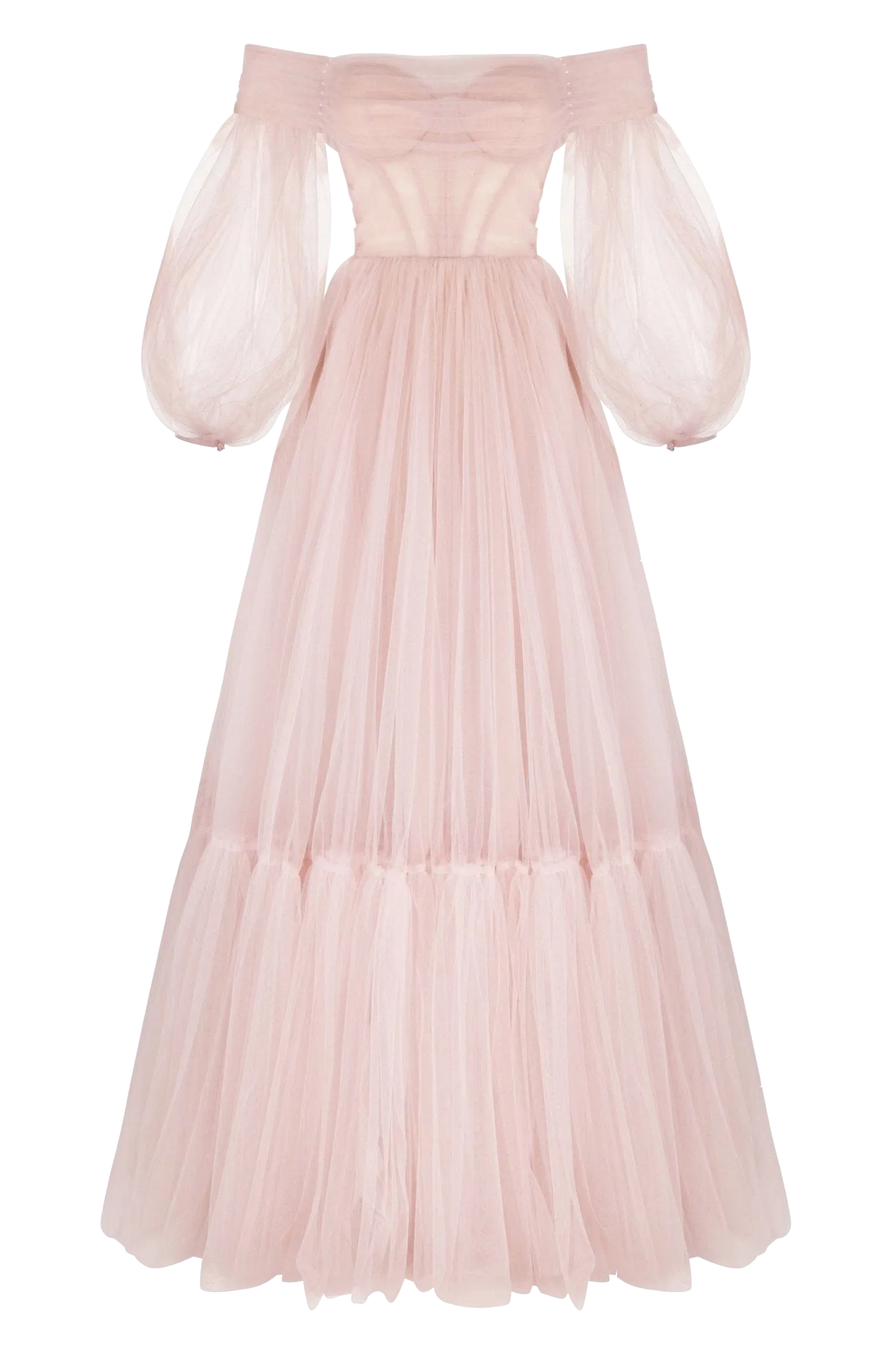 Misty Rose Sheer Sleeves Maxi Tulle Dress