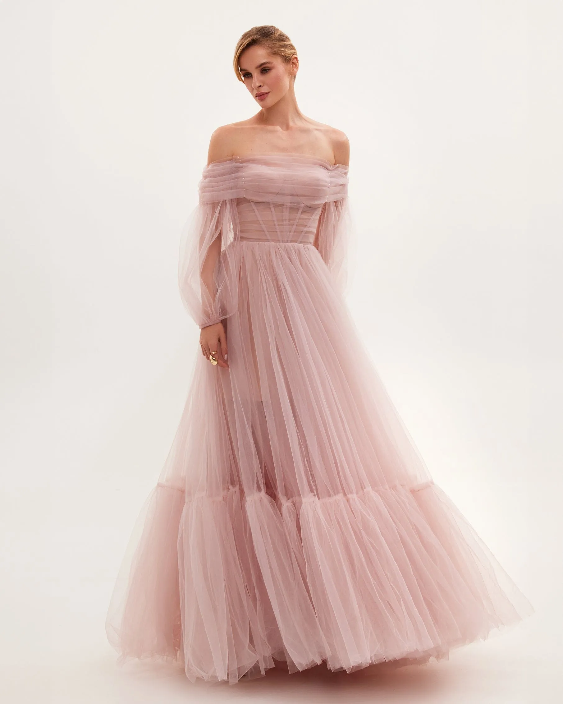 Misty Rose Sheer Sleeves Maxi Tulle Dress