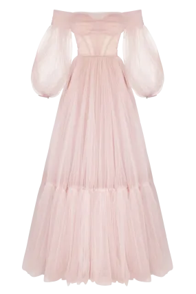 Misty Rose Sheer Sleeves Maxi Tulle Dress