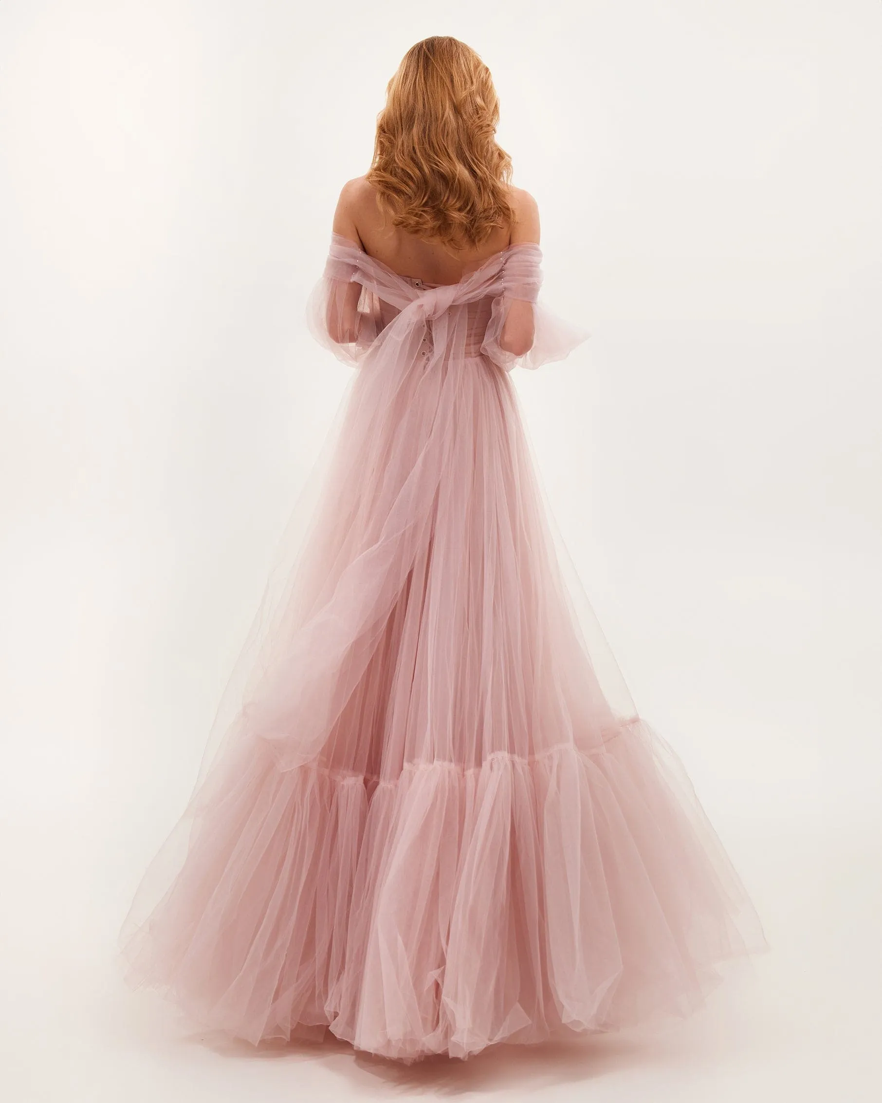 Misty Rose Sheer Sleeves Maxi Tulle Dress