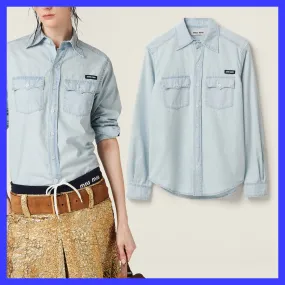 MiuMiu  |Plain Cotton Short Sleeves Logo Shirts & Blouses